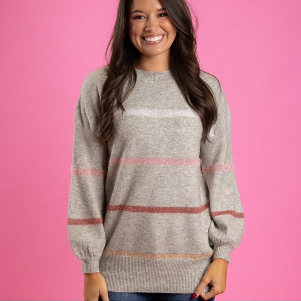 Long Sleeve Round Neck Soft Grey Striped Sweater Size Large Andree by Unit